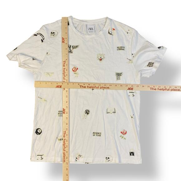 Zara Man White Graphic Tee Tattoo Skull Rose Dice Eagle Punk Streetwear Size L - Picture 3 of 6
